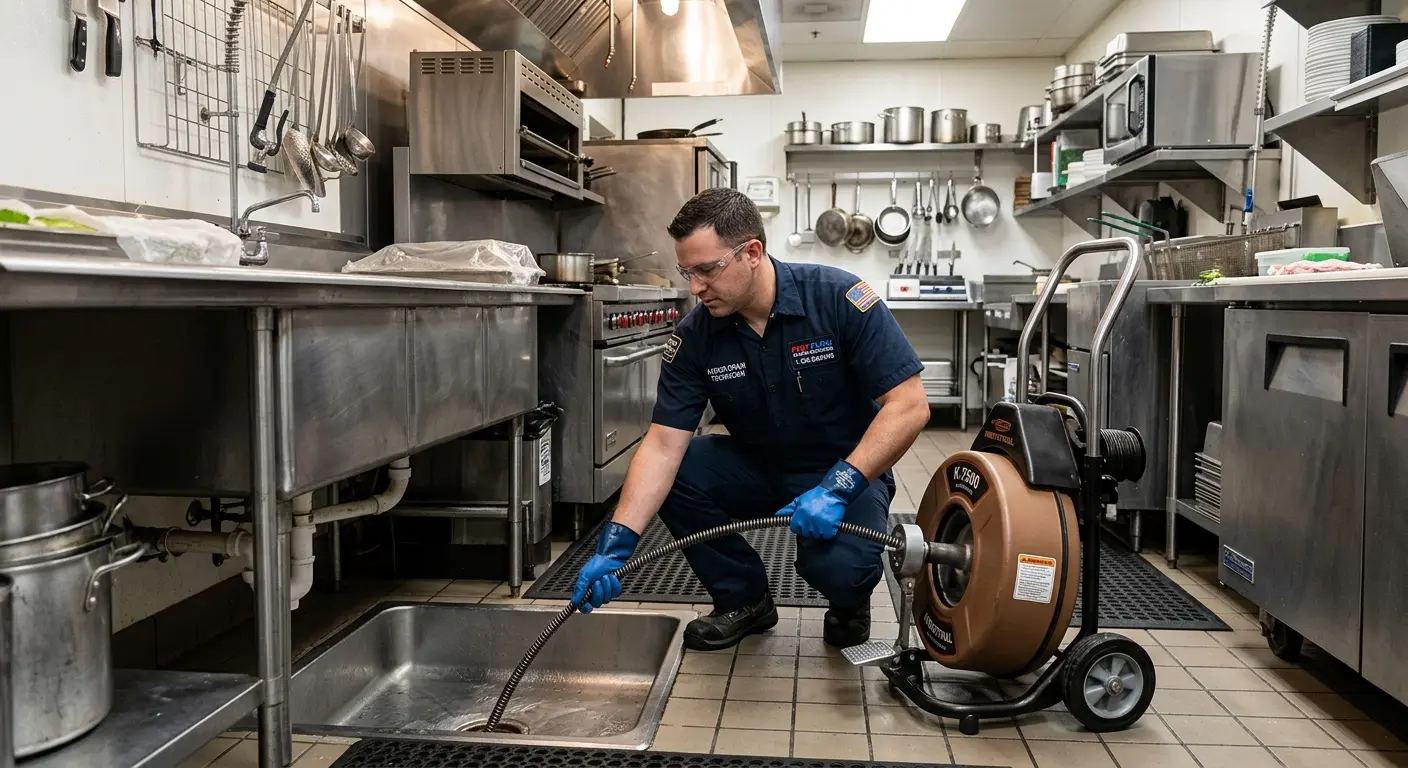 Commercial drain cleaning service in a restaurant kitchen in Westbury