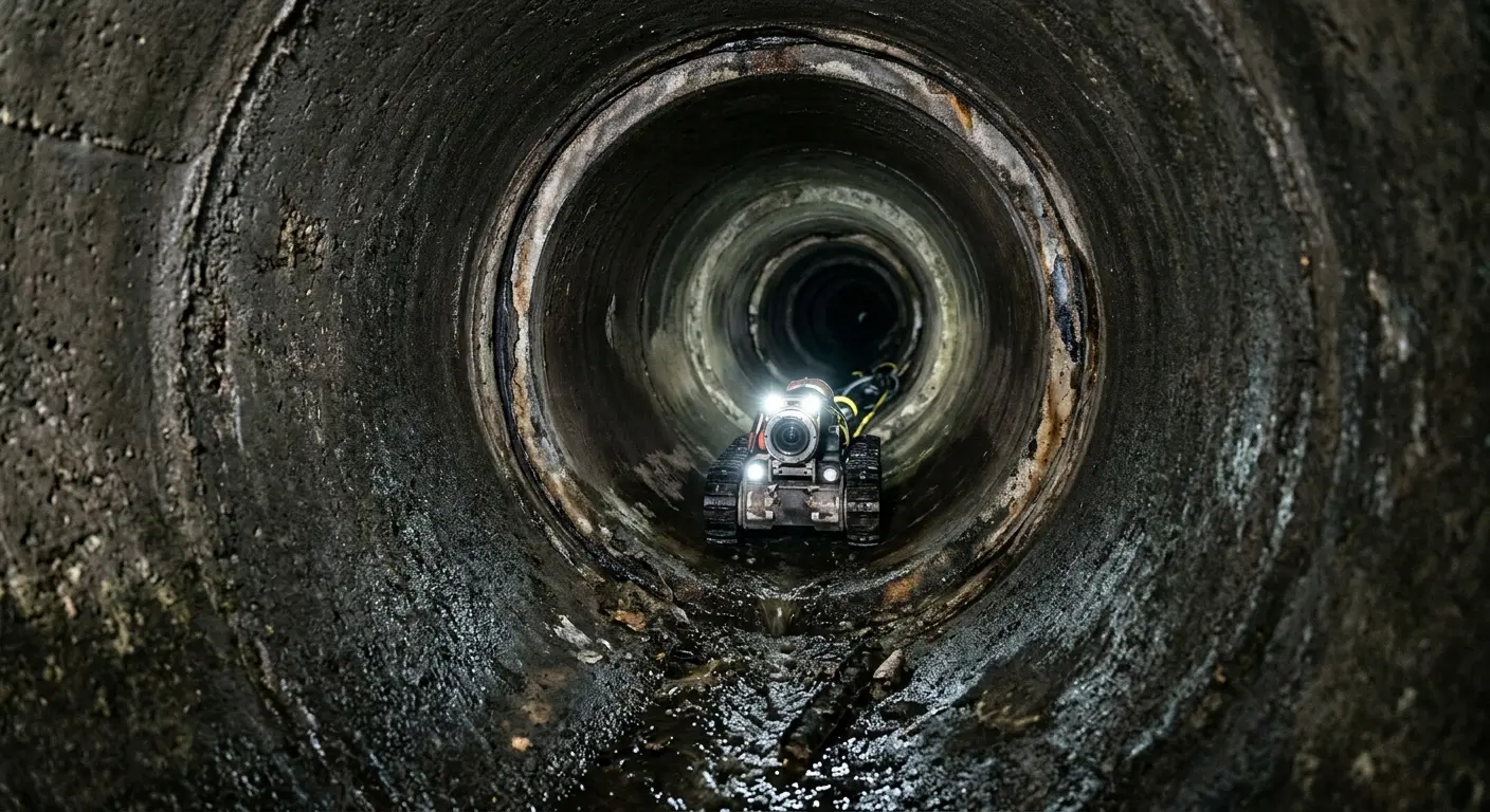 Robotic sewer camera inspecting pipe interior for Drain Snake Service in Westbury