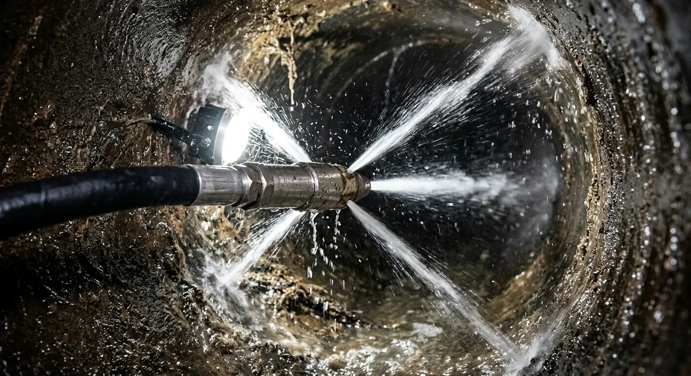 High-pressure hydro jetting nozzle cleaning sewer pipe for Sewer Cleanout in Westbury