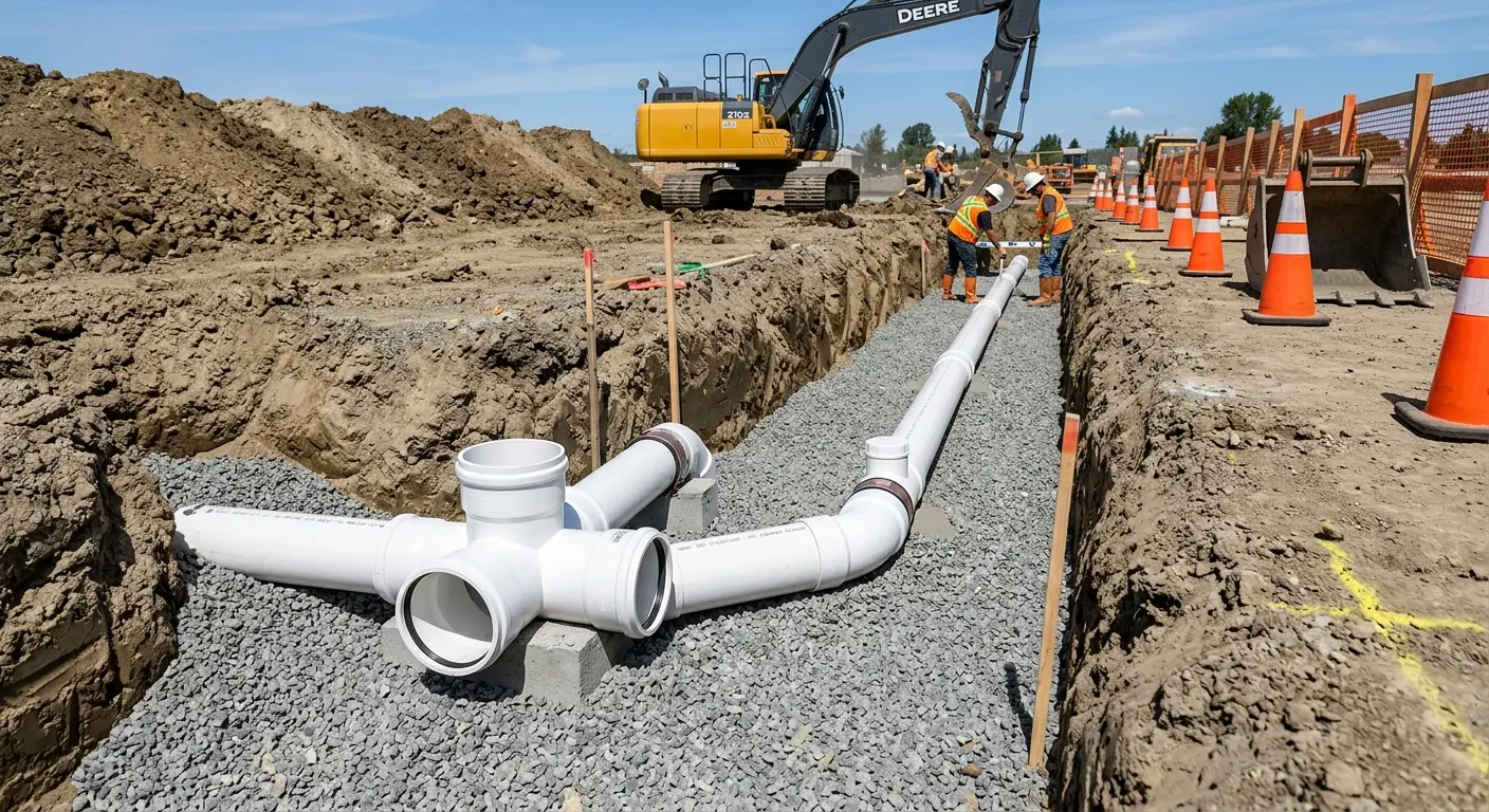 New PVC sewer pipe installation in open trench for Commercial Drain Cleaning in Westbury