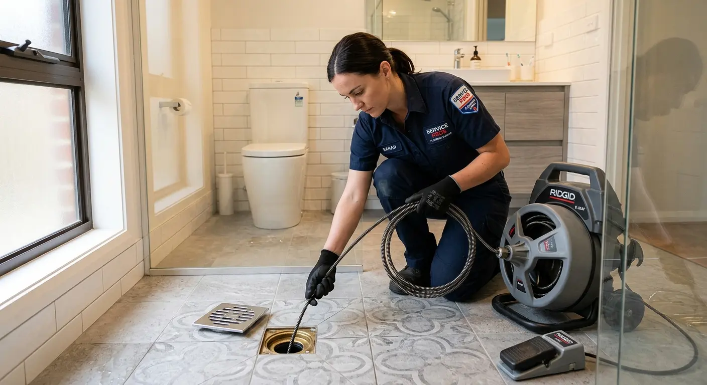 Technician clearing a bathroom floor drain for Clogged Drain Repair in Westbury
